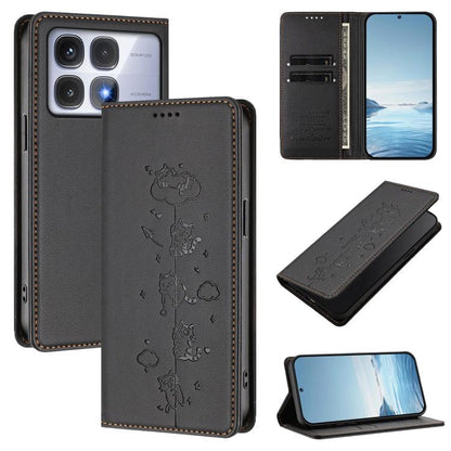 Cute Cats Embossed Magnetic RFID Vegan Leather Phone Case, For Redmi Note 14 5G / Xiaomi Poco M7 Pro 5G, For Redmi K70 Ultra, For Redmi A3 / A3x / Xiaomi Poco C61, For Redmi 13C 4G / 5G / Poco C65, For Redmi Note 13 4G                                  ...