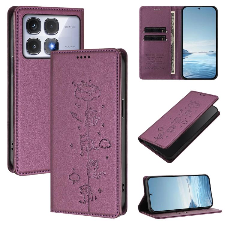 Cute Cats Embossed Magnetic RFID Vegan Leather Phone Case, For Redmi Note 14 5G / Xiaomi Poco M7 Pro 5G, For Redmi K70 Ultra, For Redmi A3 / A3x / Xiaomi Poco C61, For Redmi 13C 4G / 5G / Poco C65, For Redmi Note 13 4G                                  ...