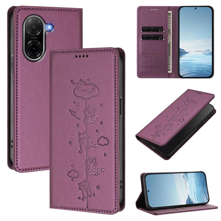 Cute Cats Embossed Magnetic RFID Vegan Leather Phone Case, For Redmi 15 5G / 4G EU 171mm, For Redmi 15C 5G / 4G Global 171mm / Poco C85 4G, For Redmi 13 4G / 5G / 13x / Poco M6 4G, For Redmi A5 4G 173.3mm, For Redmi A5 4G 171.7mm / Xiaomi Poco C71     ...