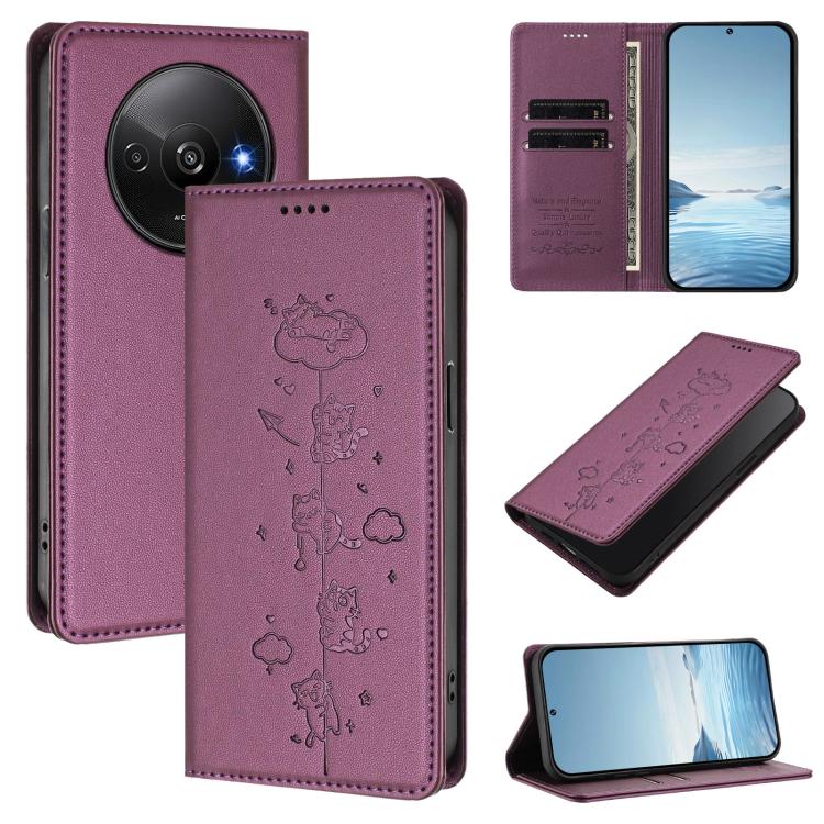 Cute Cats Embossed Magnetic RFID Vegan Leather Phone Case, For Redmi Note 14 5G / Xiaomi Poco M7 Pro 5G, For Redmi K70 Ultra, For Redmi A3 / A3x / Xiaomi Poco C61, For Redmi 13C 4G / 5G / Poco C65, For Redmi Note 13 4G                                  ...