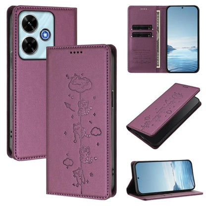 Cute Cats Embossed Magnetic RFID Vegan Leather Phone Case, For Redmi 15 5G / 4G EU 171mm, For Redmi 15C 5G / 4G Global 171mm / Poco C85 4G, For Redmi 13 4G / 5G / 13x / Poco M6 4G, For Redmi A5 4G 173.3mm, For Redmi A5 4G 171.7mm / Xiaomi Poco C71     ...