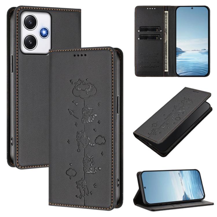 Cute Cats Embossed Magnetic RFID Vegan Leather Phone Case, For Redmi Note 14 5G / Xiaomi Poco M7 Pro 5G, For Redmi K70 Ultra, For Redmi A3 / A3x / Xiaomi Poco C61, For Redmi 13C 4G / 5G / Poco C65, For Redmi Note 13 4G                                  ...