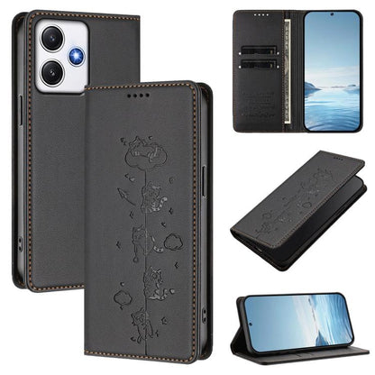 Cute Cats Embossed Magnetic RFID Vegan Leather Phone Case, For Redmi Note 14 5G / Xiaomi Poco M7 Pro 5G, For Redmi K70 Ultra, For Redmi A3 / A3x / Xiaomi Poco C61, For Redmi 13C 4G / 5G / Poco C65, For Redmi Note 13 4G                                  ...