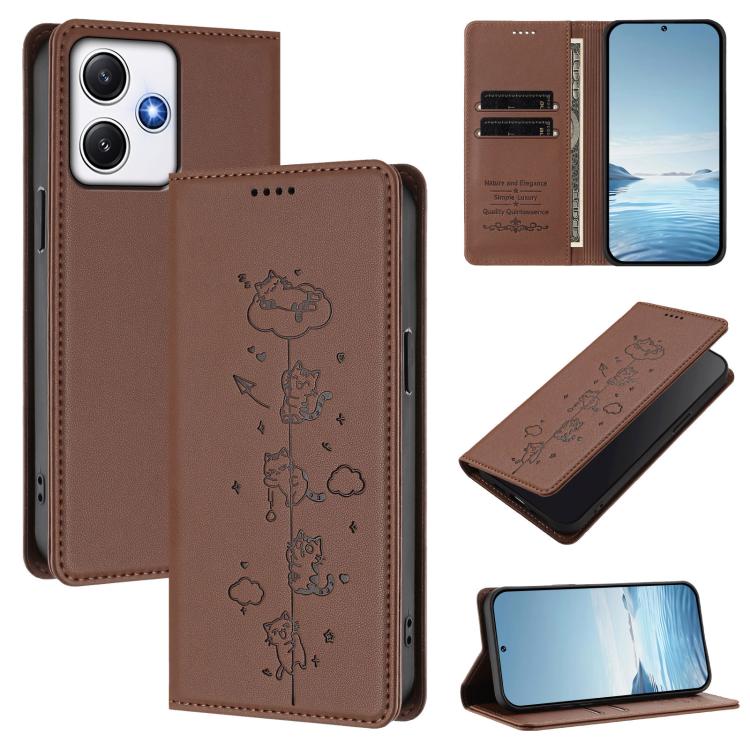 Cute Cats Embossed Magnetic RFID Vegan Leather Phone Case, For Redmi Note 14 5G / Xiaomi Poco M7 Pro 5G, For Redmi K70 Ultra, For Redmi A3 / A3x / Xiaomi Poco C61, For Redmi 13C 4G / 5G / Poco C65, For Redmi Note 13 4G                                  ...