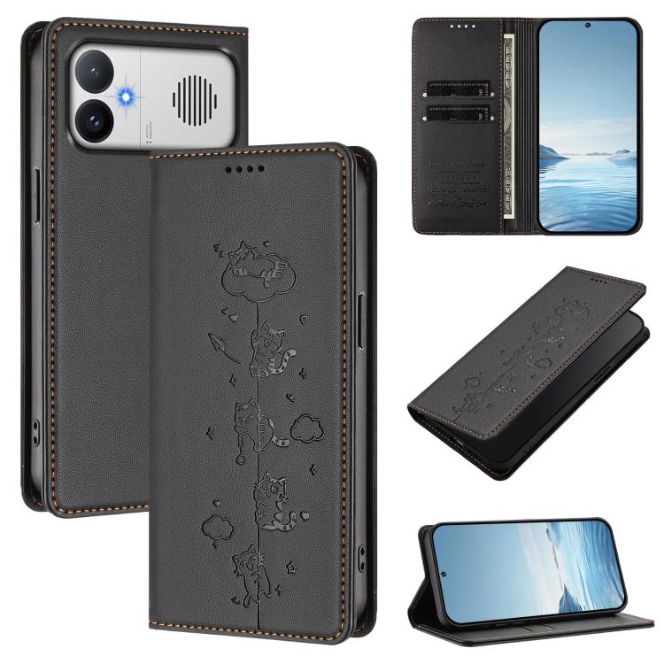 Cute Cats Embossed Magnetic RFID Vegan Leather Phone Case, For Redmi K90 Max 5G, For Redmi A7 Pro 4G / 5G 171mm / Poco C85x 5G, For Redmi 15a 5G, For Redmi Turbo 5 Max 5G / Poco X8 Pro Max 5G, For Redmi Turbo 5 5G / Poco X8 Pro 5G                      ...