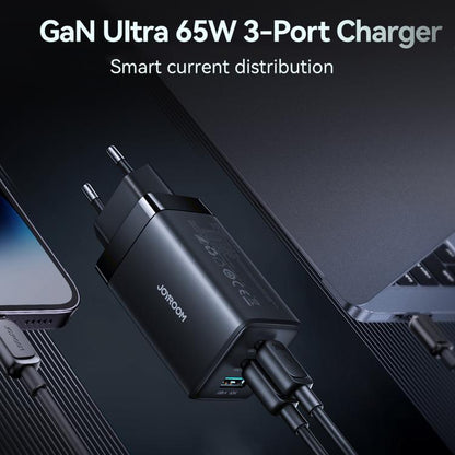 JOYROOM JR-TG10 65W GaN Dual Type-C, USB 3-Port Charger with Type-C to Type-C Cable, EU Plug