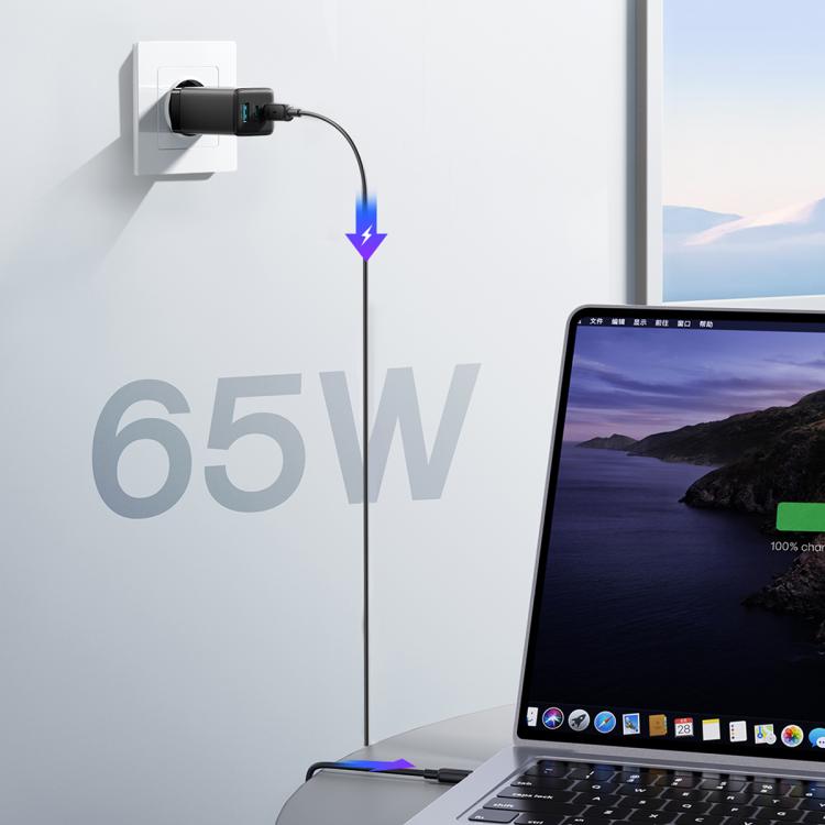 JOYROOM JR-TG10 65W GaN Dual Type-C, USB 3-Port Charger with Type-C to Type-C Cable, EU Plug