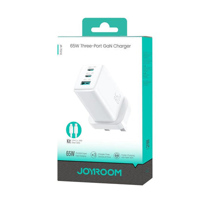 JOYROOM JR-TG10 65W GaN Dual Type-C, USB 3-Port Charger with Type-C to 8 Pin Cable, UK Plug