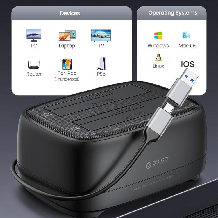 ORICO DD28C3-C 2.5 / 3.5 inch HDD / SSD Type-C to SATA 2 Bay Drive Docking Station, EU Plug, UK Plug, US Plug