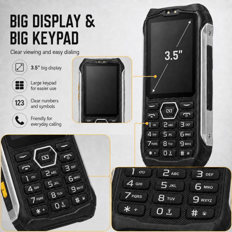 Téléphone durci HP336 4G IP68, 3,5 pouces, batterie 4500 mAh, réseau : 4G, BT, FM, SOS, torche, prise UE, prise US, prise UK, prise AU