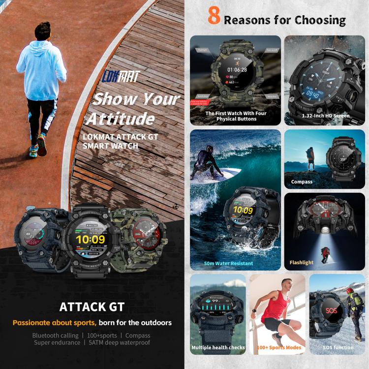 LOKMAT ATTACK GT Rugged Smart Watch, 1.32 inch, BT Call, SOS, Pedometer, Sleep Tracking, Heart Rate, Blood Pressure, Blood Oxygen