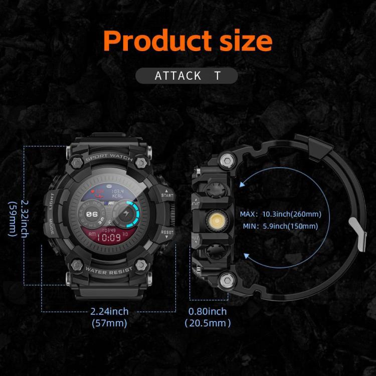 Montre connectée robuste LOKMAT ATTACK T, écran 1,32 pouces, appel BT, SOS, podomètre, suivi du sommeil, fréquence cardiaque, tension artérielle, oxygène sanguin