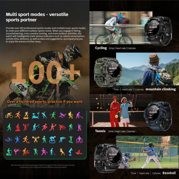 Montre connectée robuste LOKMAT ATTACK T, écran 1,32 pouces, appel BT, SOS, podomètre, suivi du sommeil, fréquence cardiaque, tension artérielle, oxygène sanguin