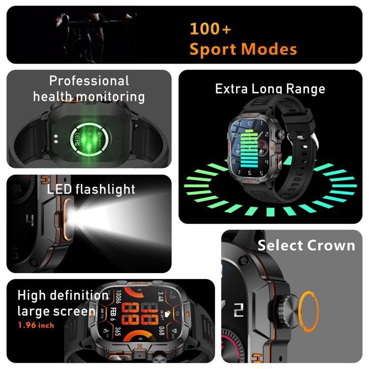 QX12 1.96-inch IPS Display Outdoor Sports IP68 Smart Watch with Flashlight