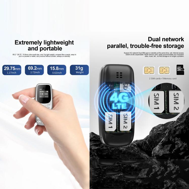 BM10 4G Mini Mobile Phone, 0.66 inch Hands Free Bluetooth Dialer Headphone, MP3 Music, Dual SIM, Network: 4G
