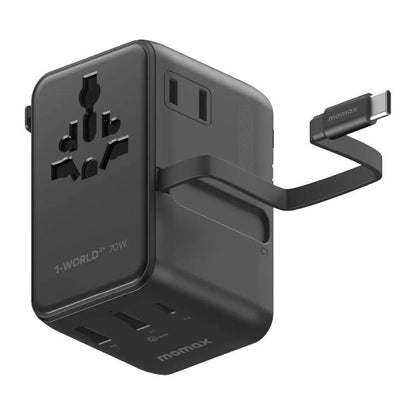 MOMAX UA30 1-World 2+ 70W Dual AC Universal Travel GaN Charger with Retractable Cable, UA30D, UA30L