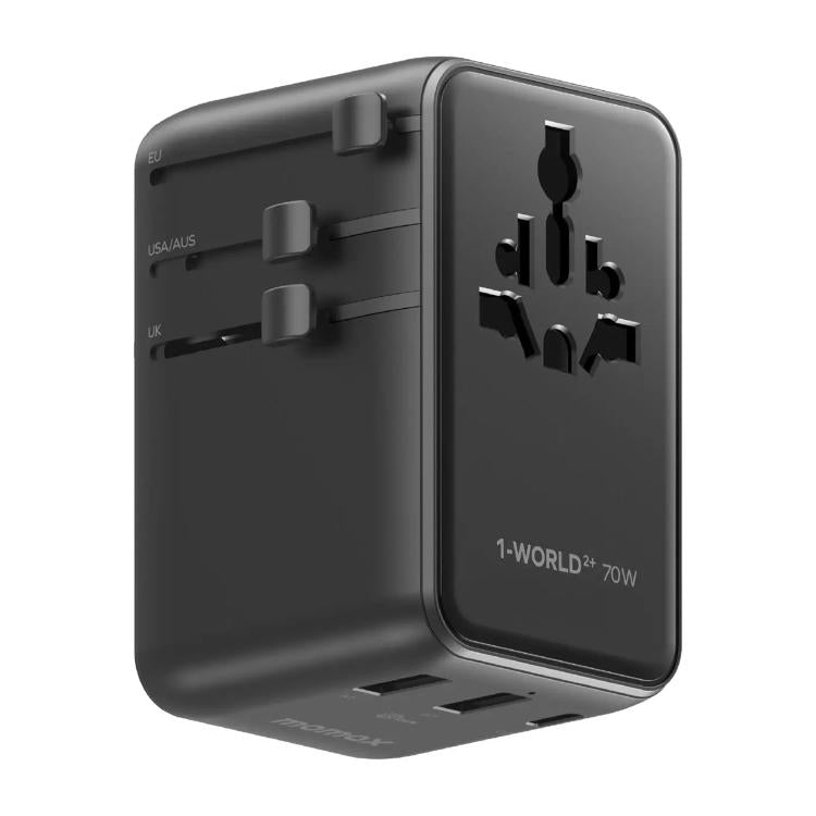 MOMAX UA30 1-World 2+ 70W Dual AC Universal Travel GaN Charger with Retractable Cable, UA30D, UA30L