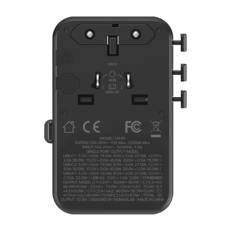 MOMAX UA30 1-World 2+ 70W Dual AC Universal Travel GaN Charger with Retractable Cable, UA30D, UA30L