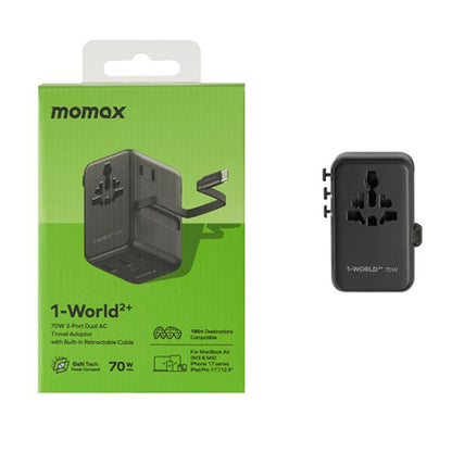 MOMAX UA30 1-World 2+ 70W Dual AC Universal Travel GaN Charger with Retractable Cable, UA30D, UA30L