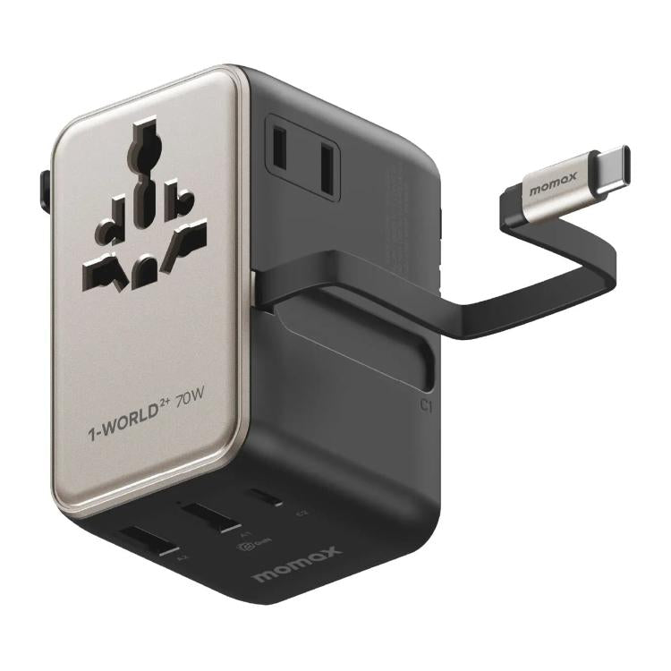 MOMAX UA30 1-World 2+ 70W Dual AC Universal Travel GaN Charger with Retractable Cable, UA30D, UA30L