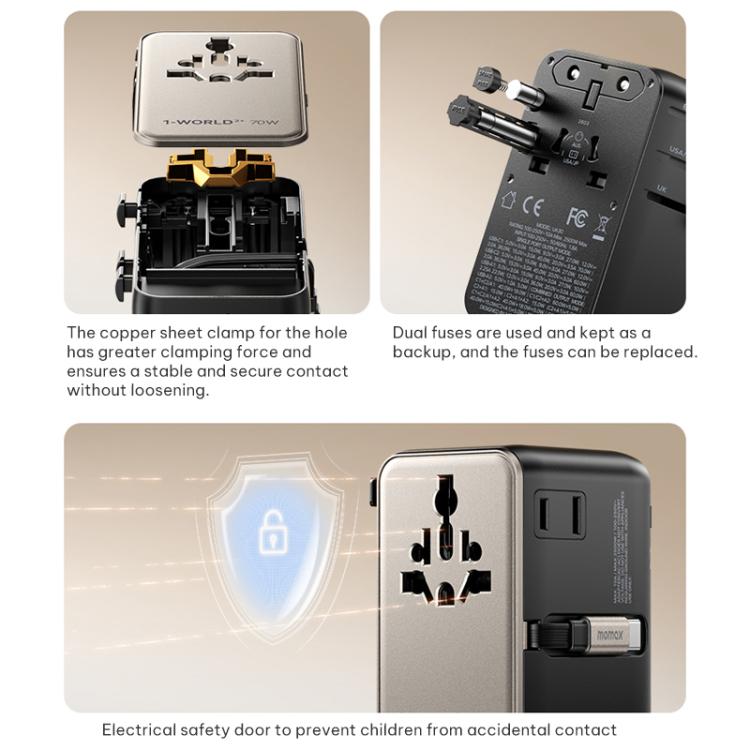 MOMAX UA30 1-World 2+ 70W Dual AC Universal Travel GaN Charger with Retractable Cable, UA30D, UA30L