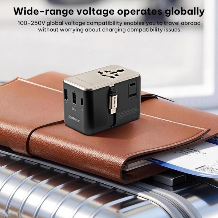 MOMAX UA30 1-World 2+ 70W Dual AC Universal Travel GaN Charger with Retractable Cable, UA30D, UA30L