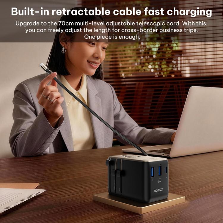 MOMAX UA30 1-World 2+ 70W Dual AC Universal Travel GaN Charger with Retractable Cable, UA30D, UA30L