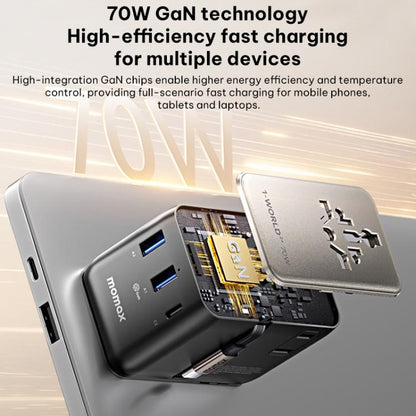 MOMAX UA30 1-World 2+ 70W Dual AC Universal Travel GaN Charger with Retractable Cable, UA30D, UA30L