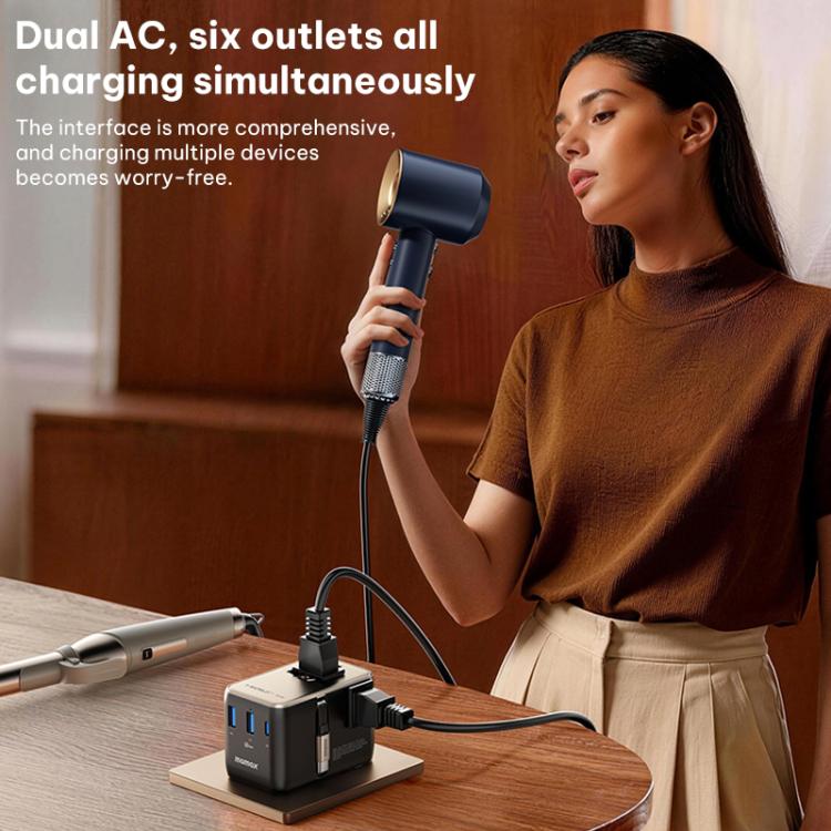 MOMAX UA30 1-World 2+ 70W Dual AC Universal Travel GaN Charger with Retractable Cable, UA30D, UA30L