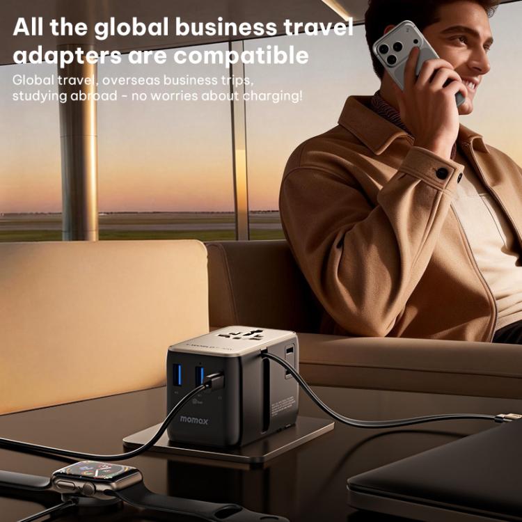 MOMAX UA30 1-World 2+ 70W Dual AC Universal Travel GaN Charger with Retractable Cable, UA30D, UA30L