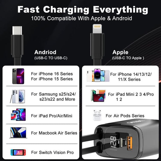 شاحن سيارة Onten CW72 4 في 1 بمنفذ USB-A ومنفذ Type-C / USB-C مع كابل قابل للسحب بـ 8 دبابيس ومنفذ Type-C / USB-C