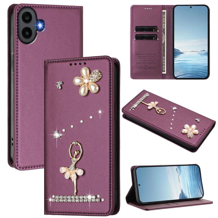 Ballet Girl Diamond Studded RFID Vegan Leather Phone Case, For Nothing Phone 3a Lite, For Nothing Phone 3, For Nothing CMF Phone 2 Pro, For Nothing Phone 3a, For Nothing Phone 3a Pro, For Nothing CMF Phone 1, For Nothing Phone 2a