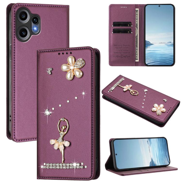 Ballet Girl Diamond Studded RFID Vegan Leather Phone Case, For Nothing Phone 3a Lite, For Nothing Phone 3, For Nothing CMF Phone 2 Pro, For Nothing Phone 3a, For Nothing Phone 3a Pro, For Nothing CMF Phone 1, For Nothing Phone 2a