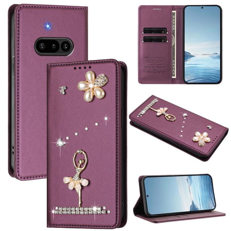 Ballet Girl Diamond Studded RFID Vegan Leather Phone Case, For Nothing Phone 3a Lite, For Nothing Phone 3, For Nothing CMF Phone 2 Pro, For Nothing Phone 3a, For Nothing Phone 3a Pro, For Nothing CMF Phone 1, For Nothing Phone 2a