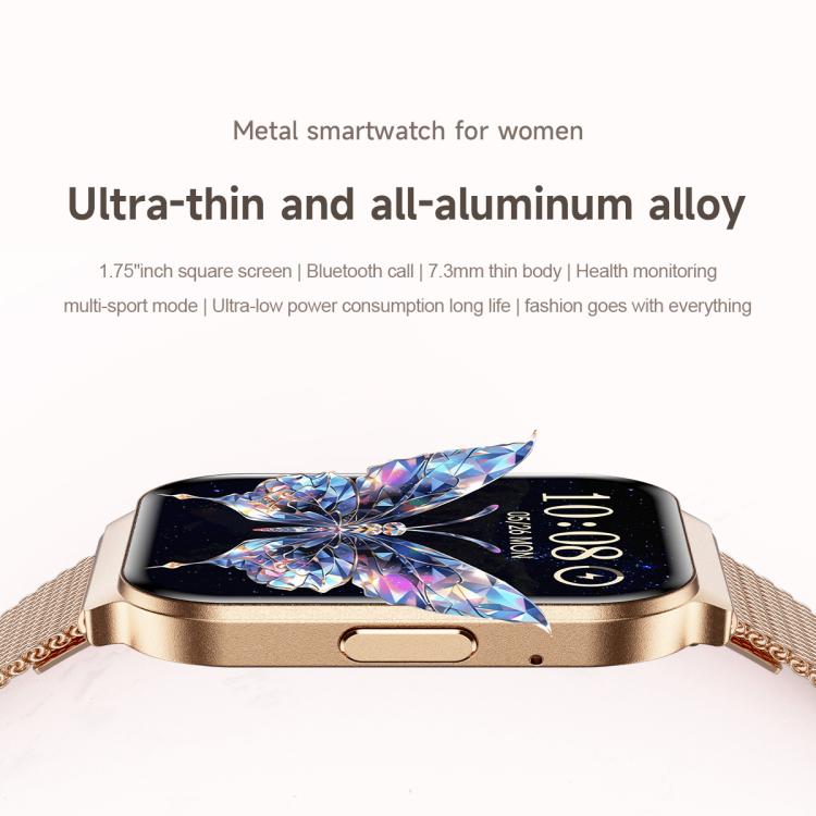 QS06 1.75 inch Square Screen Ultra-Thin Smart Calling Watch, Support Health Monitoring, Gold Silicone Strap, Pink Silicone Strap, Starlight Silicone Strap, Dark Gray Silicone Strap, Dark Gray Steel Strap, Gold Steel Strap