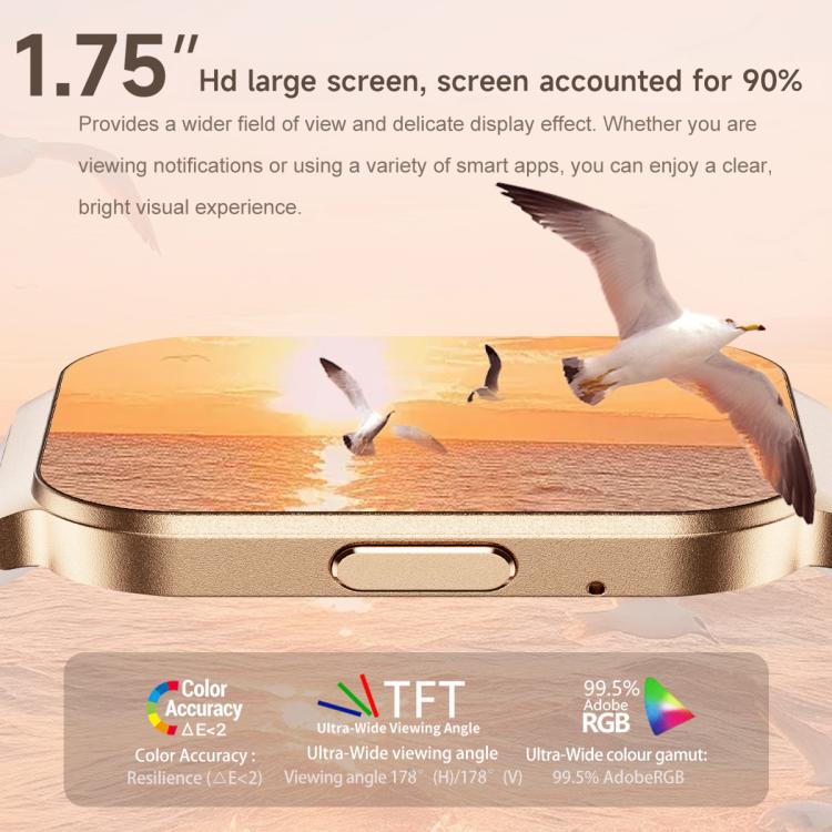 QS06 1.75 inch Square Screen Ultra-Thin Smart Calling Watch, Support Health Monitoring, Gold Silicone Strap, Pink Silicone Strap, Starlight Silicone Strap, Dark Gray Silicone Strap, Dark Gray Steel Strap, Gold Steel Strap