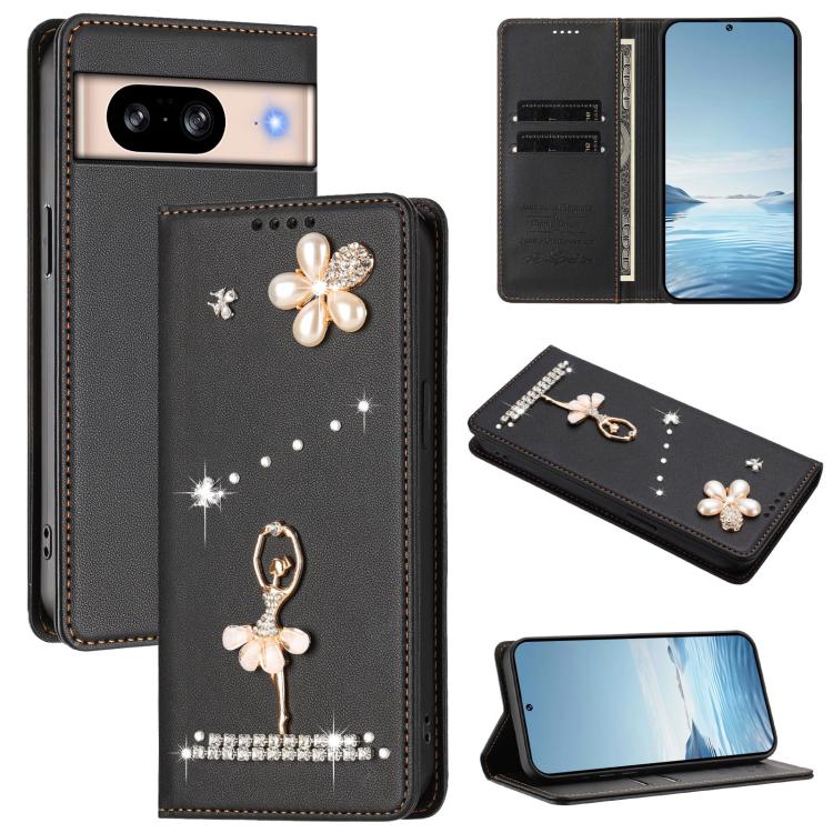 Ballet Girl Diamond Studded RFID Vegan Leather Phone Case, For Google Pixel 10a, For Google Pixel 10 Pro XL 5G / 9 Pro XL, For Google Pixel 10 5G Global, For Google Pixel 9A, For Google Pixel 8A, For Google Pixel 8 Pro, For Google Pixel 8              ...