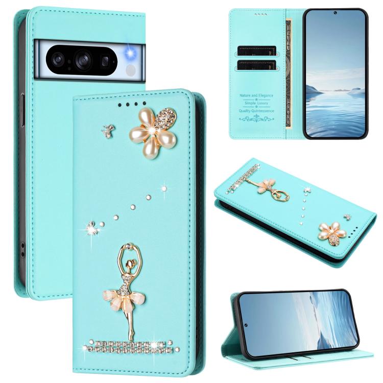 Ballet Girl Diamond Studded RFID Vegan Leather Phone Case, For Google Pixel 10a, For Google Pixel 10 Pro XL 5G / 9 Pro XL, For Google Pixel 10 5G Global, For Google Pixel 9A, For Google Pixel 8A, For Google Pixel 8 Pro, For Google Pixel 8              ...