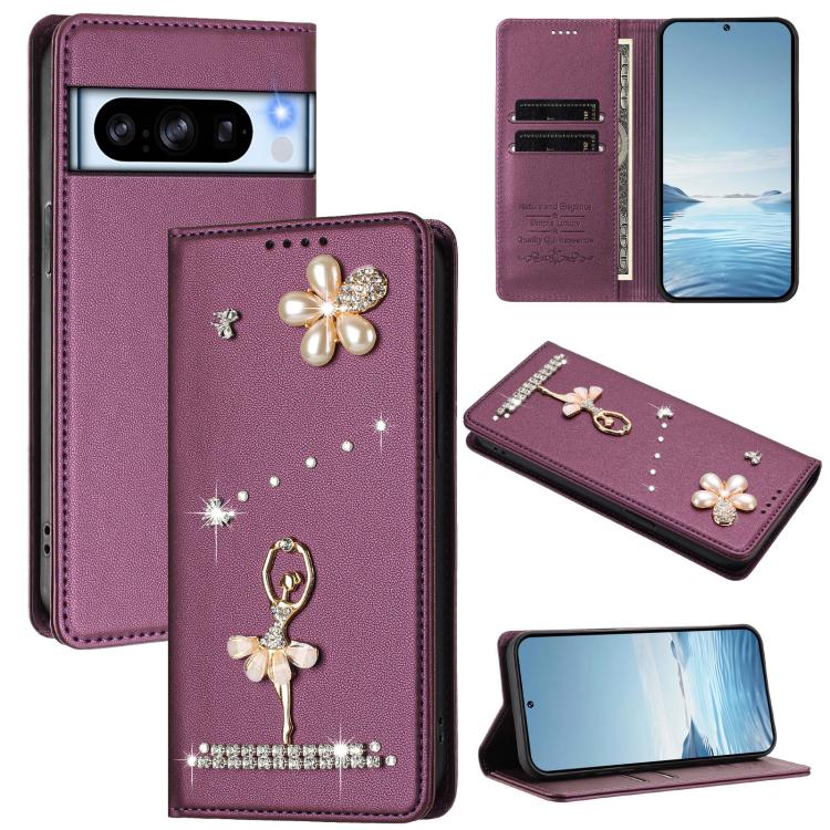 Ballet Girl Diamond Studded RFID Vegan Leather Phone Case, For Google Pixel 10a, For Google Pixel 10 Pro XL 5G / 9 Pro XL, For Google Pixel 10 5G Global, For Google Pixel 9A, For Google Pixel 8A, For Google Pixel 8 Pro, For Google Pixel 8              ...