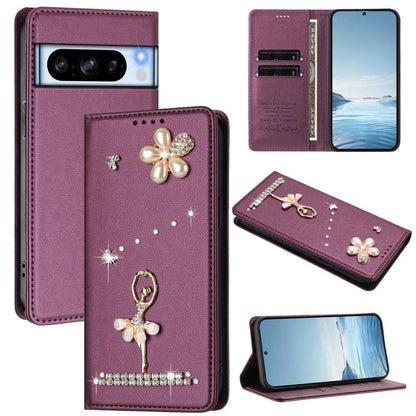 Ballet Girl Diamond Studded RFID Vegan Leather Phone Case, For Google Pixel 10a, For Google Pixel 10 Pro XL 5G / 9 Pro XL, For Google Pixel 10 5G Global, For Google Pixel 9A, For Google Pixel 8A, For Google Pixel 8 Pro, For Google Pixel 8              ...