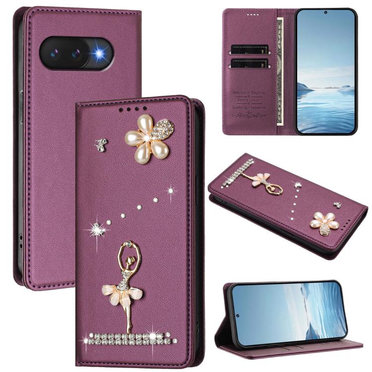 Ballet Girl Diamond Studded RFID Vegan Leather Phone Case, For Google Pixel 10a, For Google Pixel 10 Pro XL 5G / 9 Pro XL, For Google Pixel 10 5G Global, For Google Pixel 9A, For Google Pixel 8A, For Google Pixel 8 Pro, For Google Pixel 8              ...