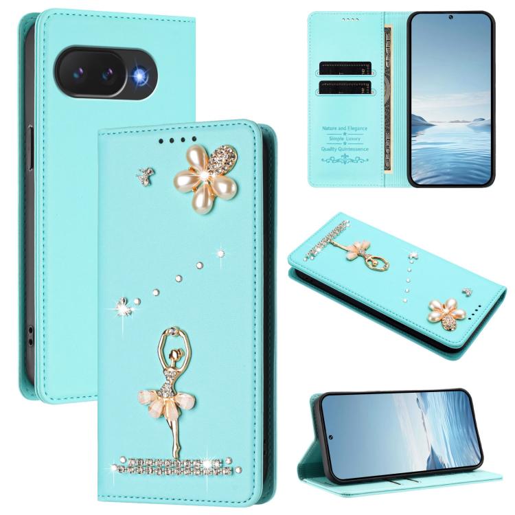 Ballet Girl Diamond Studded RFID Vegan Leather Phone Case, For Google Pixel 10a, For Google Pixel 10 Pro XL 5G / 9 Pro XL, For Google Pixel 10 5G Global, For Google Pixel 9A, For Google Pixel 8A, For Google Pixel 8 Pro, For Google Pixel 8              ...
