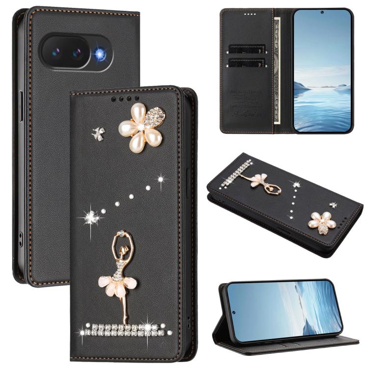 Ballet Girl Diamond Studded RFID Vegan Leather Phone Case, For Google Pixel 10a, For Google Pixel 10 Pro XL 5G / 9 Pro XL, For Google Pixel 10 5G Global, For Google Pixel 9A, For Google Pixel 8A, For Google Pixel 8 Pro, For Google Pixel 8              ...