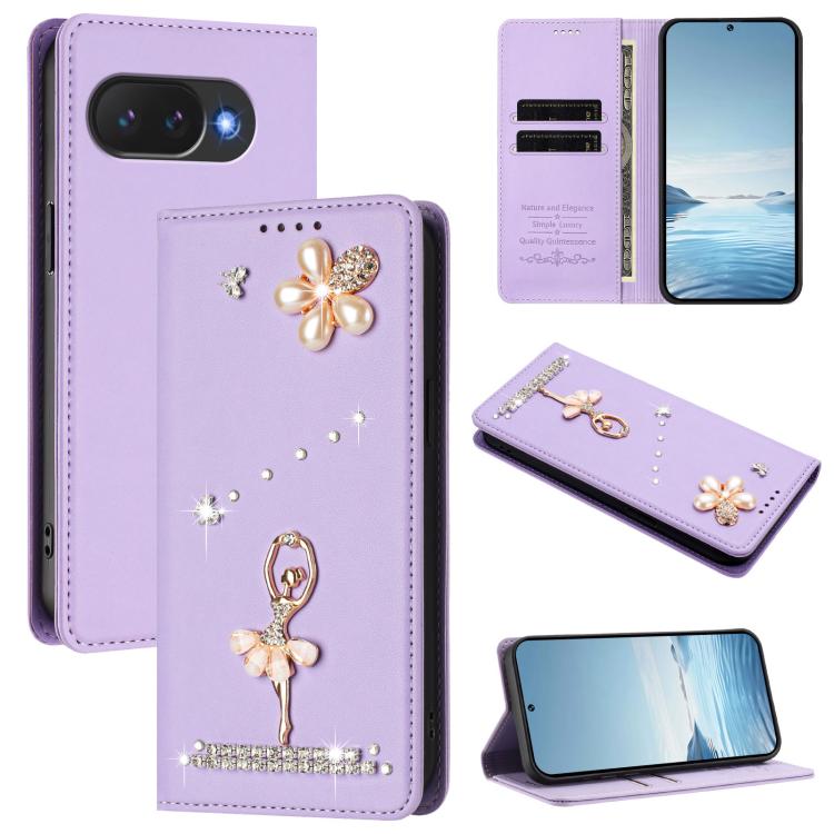 Ballet Girl Diamond Studded RFID Vegan Leather Phone Case, For Google Pixel 10a, For Google Pixel 10 Pro XL 5G / 9 Pro XL, For Google Pixel 10 5G Global, For Google Pixel 9A, For Google Pixel 8A, For Google Pixel 8 Pro, For Google Pixel 8              ...