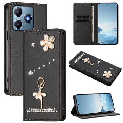 Ballet Girl Diamond Studded RFID Vegan Leather Phone Case, For Realme 16 Pro+ 5G Global, For Realme 16 Pro 5G Global, For Realme GT 8 Pro Global, For Realme P4x 5G, For Realme C71 4G India / Note 70 4G, For Realme C85 / 15x, For Realme C85 Pro 4G      ...