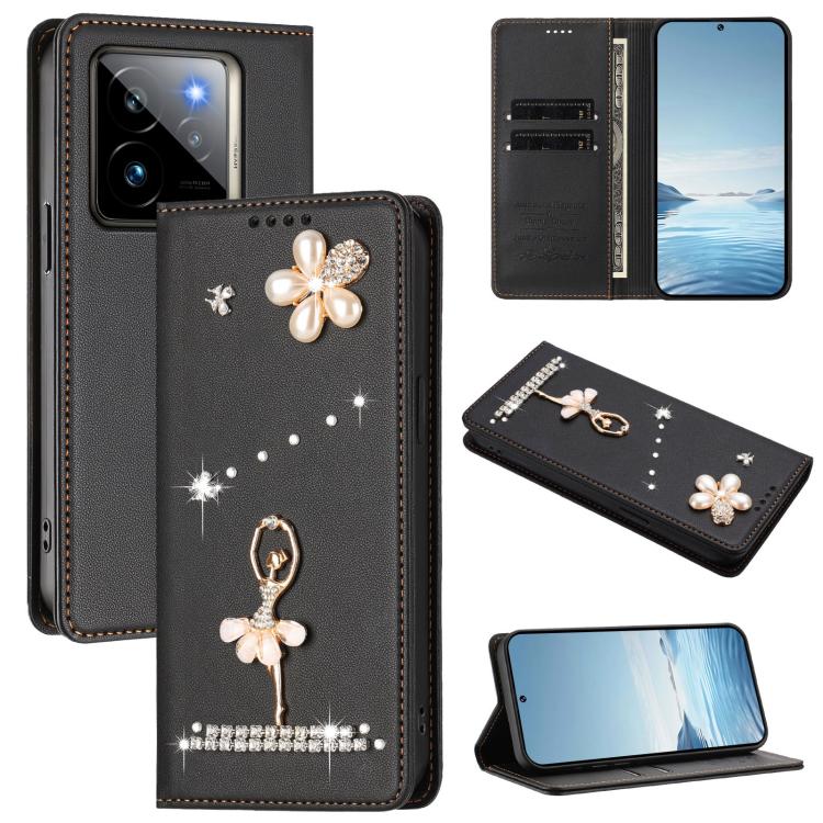 Ballet Girl Diamond Studded RFID Vegan Leather Phone Case, For Realme GT 7 Pro 5G / GT7 Pro Racing, For Realme C63 5G Global, For Realme 12 5G Global / 12x 5G Global, For Realme Note 60 4G Global, For Realme 13+ 5G Global                               ...