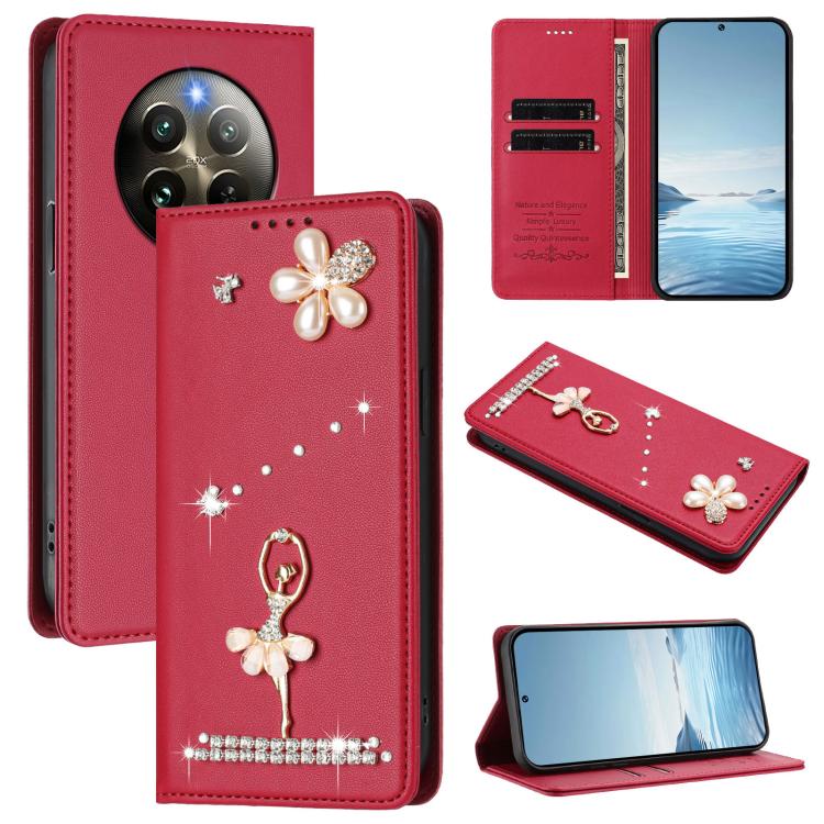 Ballet Girl Diamond Studded RFID Vegan Leather Phone Case, For Realme GT 7 Pro 5G / GT7 Pro Racing, For Realme C63 5G Global, For Realme 12 5G Global / 12x 5G Global, For Realme Note 60 4G Global, For Realme 13+ 5G Global                               ...