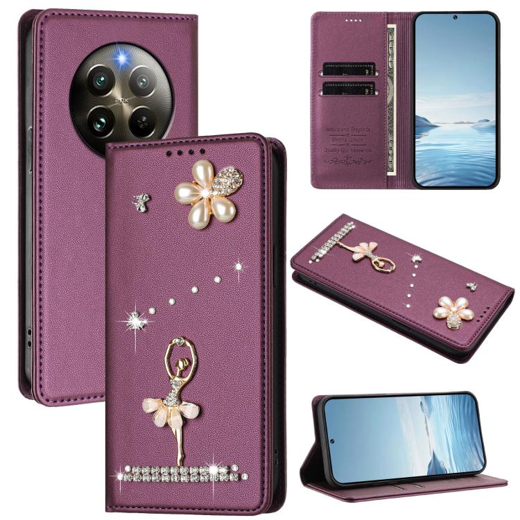Ballet Girl Diamond Studded RFID Vegan Leather Phone Case, For Realme GT 7 Pro 5G / GT7 Pro Racing, For Realme C63 5G Global, For Realme 12 5G Global / 12x 5G Global, For Realme Note 60 4G Global, For Realme 13+ 5G Global                               ...