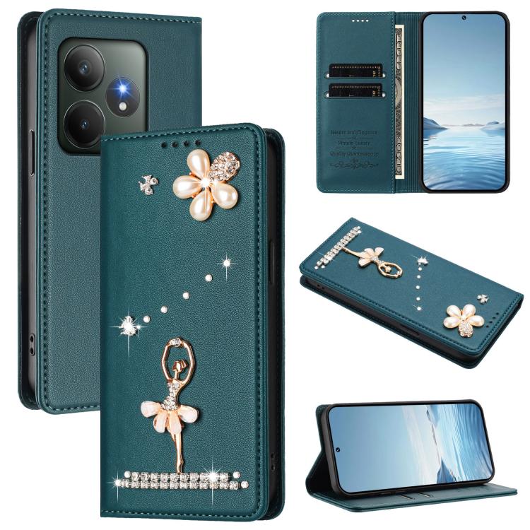 Ballet Girl Diamond Studded RFID Vegan Leather Phone Case, For Realme GT 7 Pro 5G / GT7 Pro Racing, For Realme C63 5G Global, For Realme 12 5G Global / 12x 5G Global, For Realme Note 60 4G Global, For Realme 13+ 5G Global                               ...
