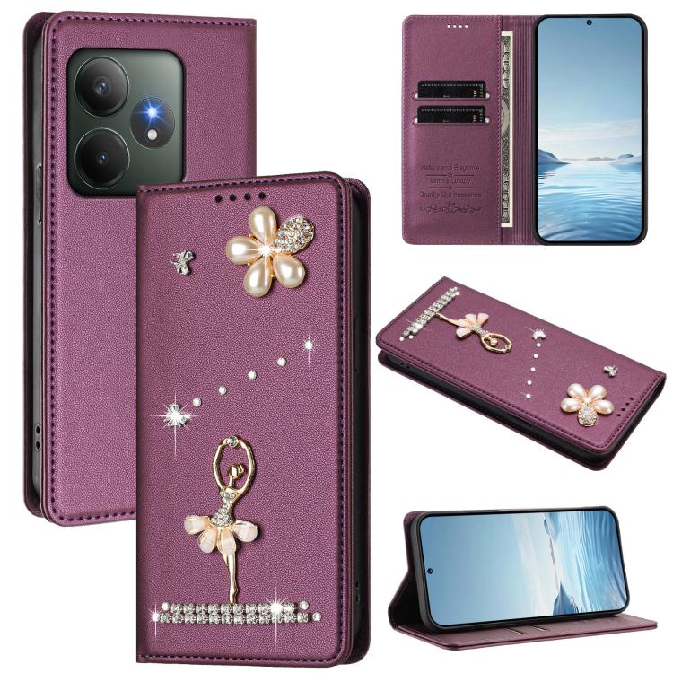 Ballet Girl Diamond Studded RFID Vegan Leather Phone Case, For Realme GT 7 Pro 5G / GT7 Pro Racing, For Realme C63 5G Global, For Realme 12 5G Global / 12x 5G Global, For Realme Note 60 4G Global, For Realme 13+ 5G Global                               ...